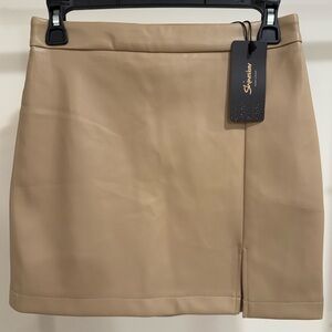Shinestar Tan Vegan Leather Mini Skirt with Side Slit NWT Light Brown